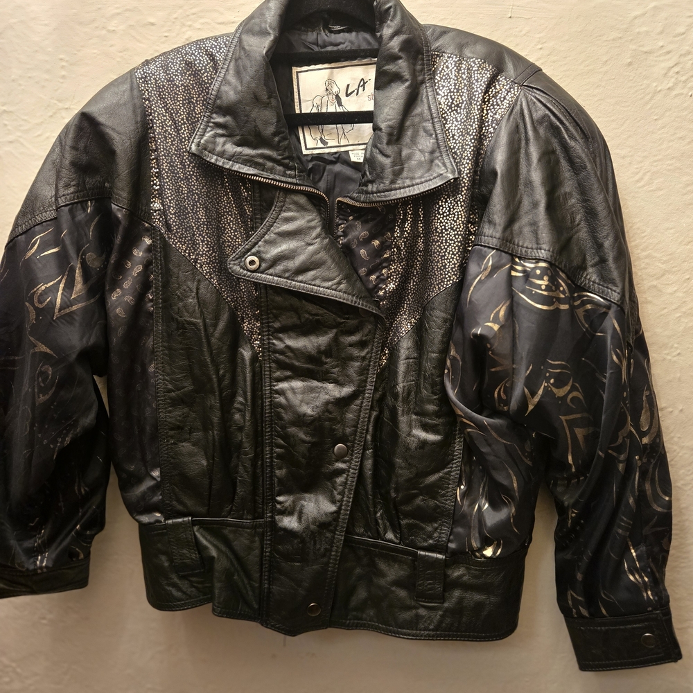🔥 Vintage 80s Black Leather Baddie Jacket Gold Detail |M